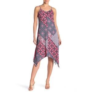 Nina Leonard Patchwork Handkerchief-Hem Midi Dress